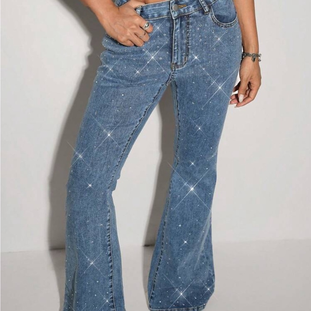 Women's Blue medium wash Flared Jeans with rhinestones
